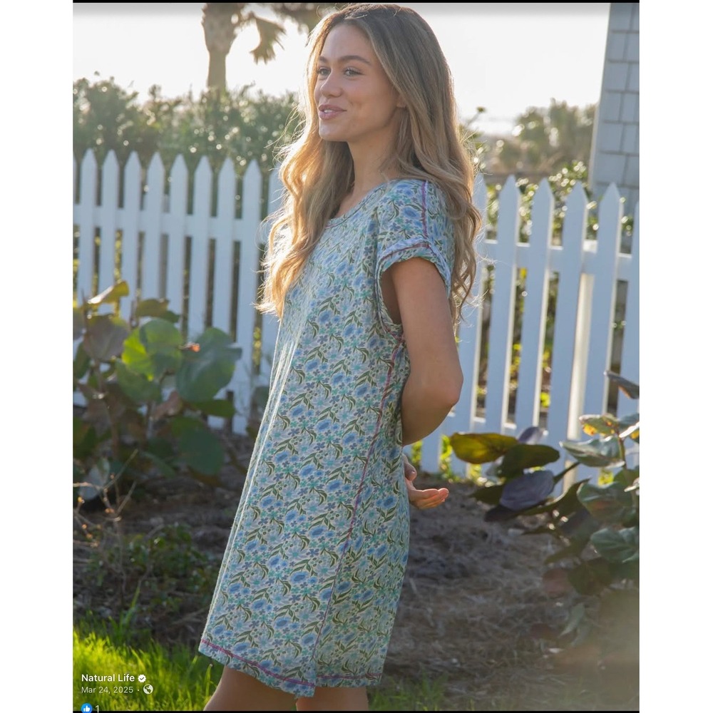 Natural Life Women Cotton T-Shirt Dress S Sage Green Floral Raw Edge Contrast